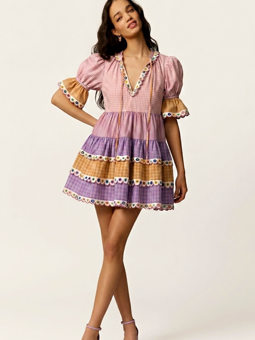CELIA B Evian Ruffle Tiered Mini  - Size XS NWOT Pastel Plaid & Gingham